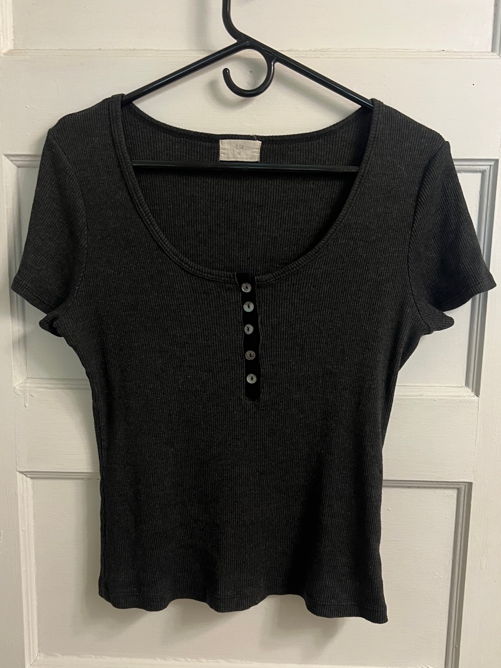 T.La Black Ribbed Short Sleeve Scoop Henley Top